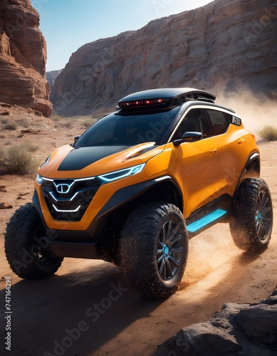A robust electric SUV coated in desert dust showcases its off-road capability amidst stark cliffs. The vibrant orange exterior stands out against the muted earth tones of the wild terrain.