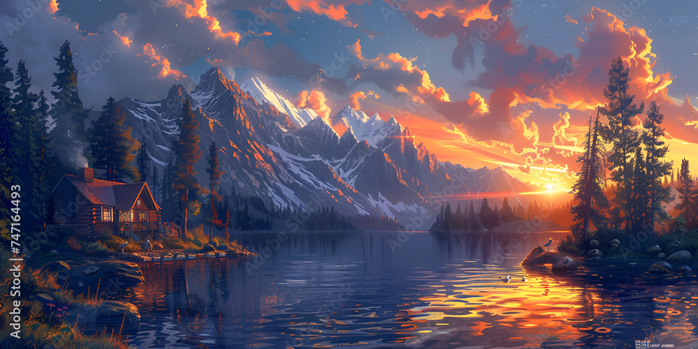 A river with a forest and the reflection of the trees Majestic mountain range tranquil meadow backlit sunset background.AI Generative