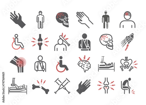 Injury icons set. Bone fractures symbols. Infographic. Vector signs for web graphics.