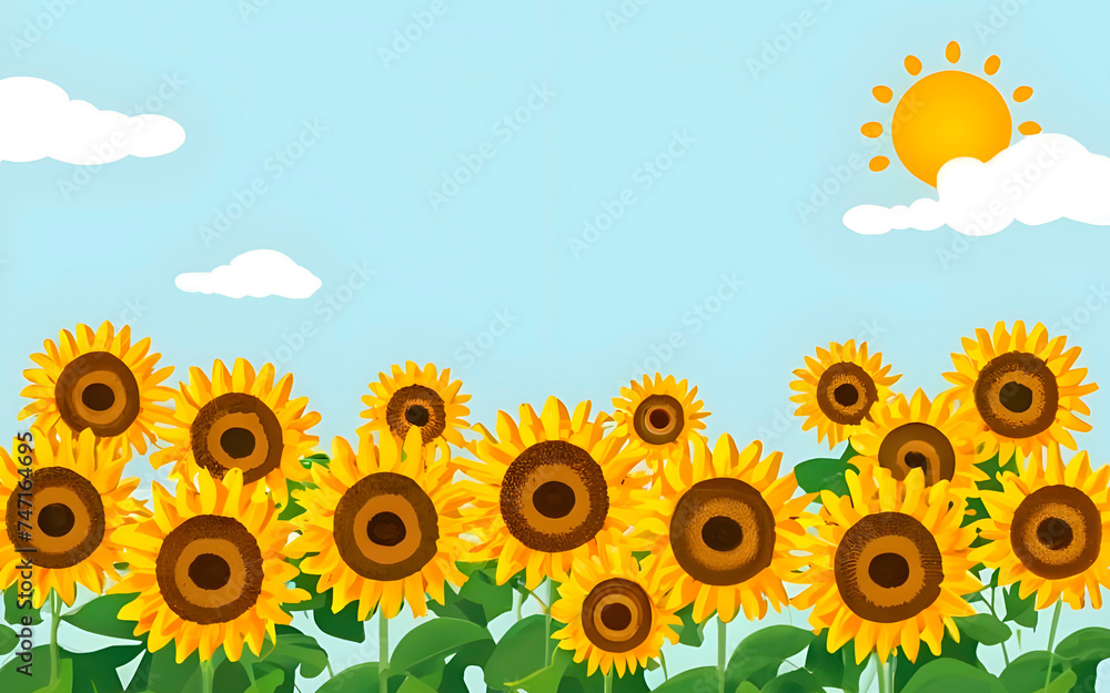 Cartoon illustration of sunflowers with blue sky and shining sun in the sky Cartoon illustration of sunflowers with blue sky and shining sun in the sky