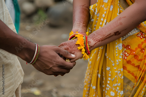 Wedding ritual of putting the ring on the finger in india photo