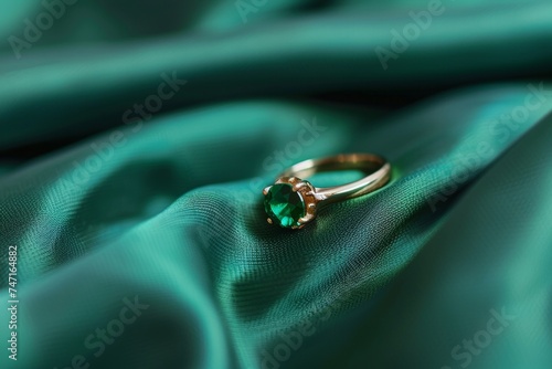 Emerald gemstone ring collage. an emerald green gold ring on a green fabric. a gold ring with a green sapphire inside