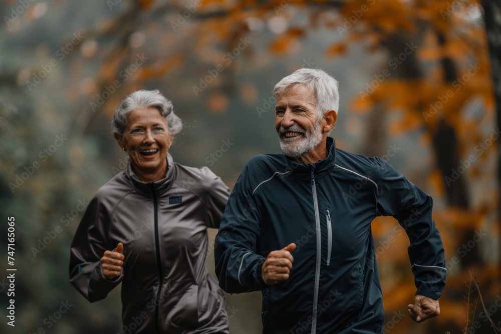 Senior couple jogging in the park. Running in park in the morning. Generative AI Senior couple jogging in the park. Running in park in the morning. Generative AI