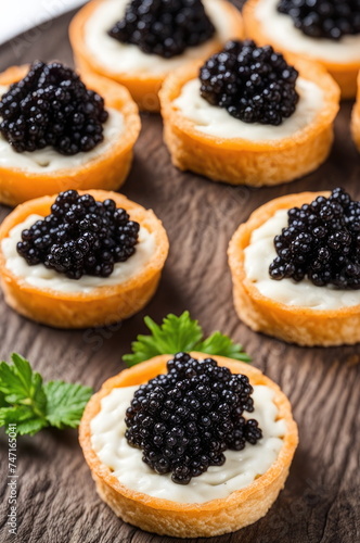 Black Caviar Canapes with Cream Cheese and Basil on Plate