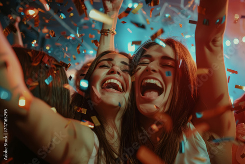 Young women celebrating and having fun at a party. Group of female friends with sparklers partying in nightclub. Generative AI