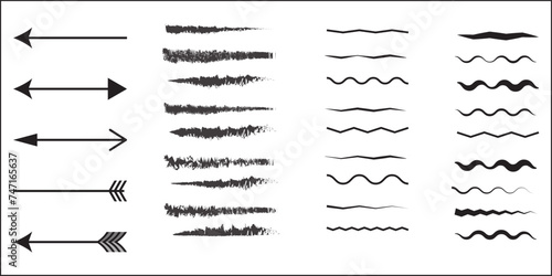 Collection of wavy or zigzag lines. Horizontal thin lines wave. Dotted line. Big set black color. Vector illustration. arts photo