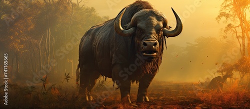 A bull, an African jungle animal, stands majestically in the middle of a dense forest. The massive creature is captured in profile, showcasing its power and presence in its natural habitat.