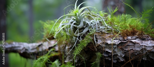 A moss-covered tree branch in a dense forest, with a wild air plant Tillandsia spp attached to it. Nearby, a resurrection fern adds to the lush greenery of the scene. photo