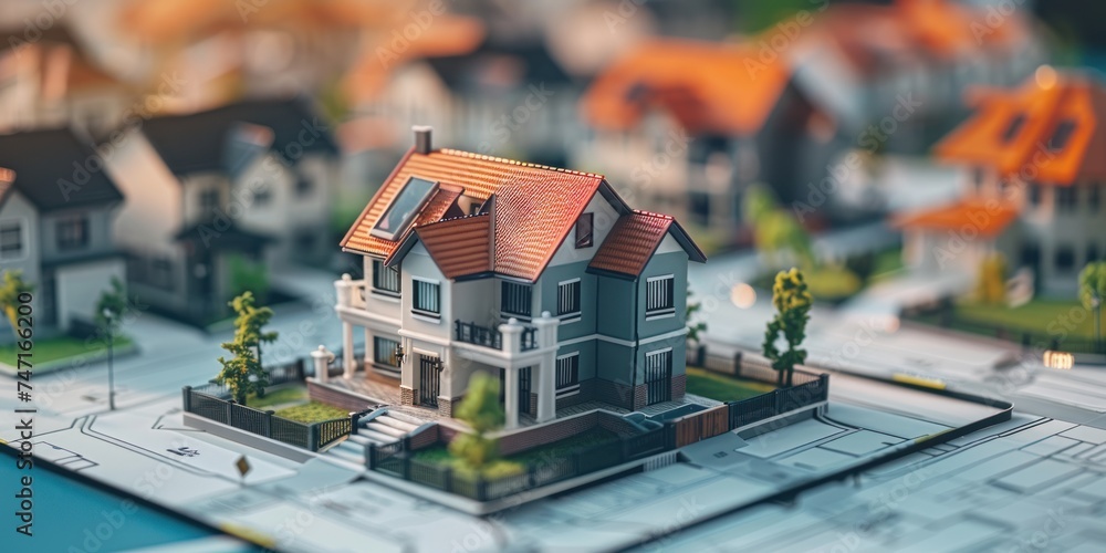 Closeup small house model on blueprint with blur other house background, house on the street, real estate law 