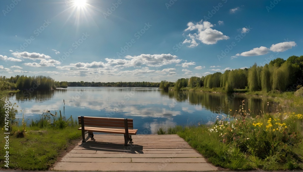 Detailed view of a park. Trail vegetation. flowers and trees. A lake . Blue sky with white feather clouds and shining sun. A bench on the side of the path. Panoramic remote shooting