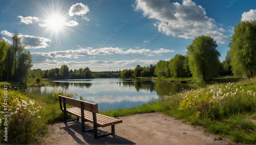 Detailed view of a park. Trail vegetation. flowers and trees. A lake . Blue sky with white feather clouds and shining sun. A bench on the side of the path. Panoramic remote shooting