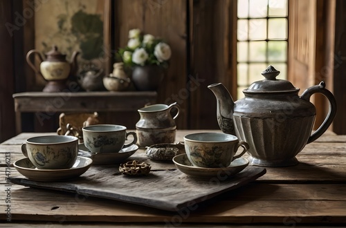 Elegant Tea Time: A Rustic Arrangement of Vintage Porcelain and Blooming Roses, generative AI