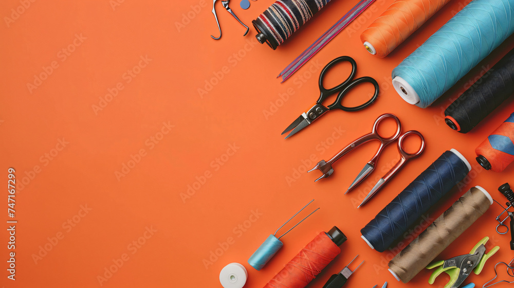 Closeup up sewing tools isolate on orange background - obrazy, fototapety, plakaty 