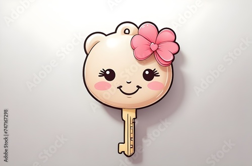 Delightful Illustration of a Happy, Cute, Key with a Pink Bow and Smiling Face, generative AI photo