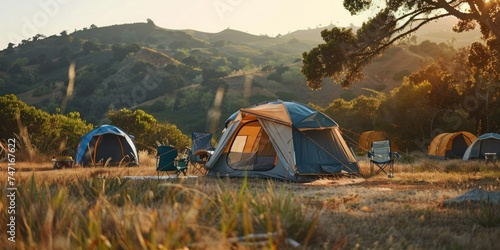 View of empty tent in the middle of mountain  family camping 