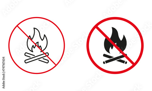 Camp Fire Not Allowed, Camping Warning Sign Set. No Dangerous Bonfire, Prohibit Open Fire Burning Line and Silhouette Icons. Campfire Forbidden Symbol. Isolated Vector Illustration