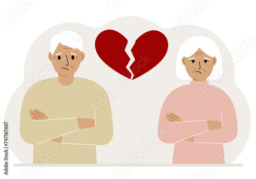 Sad old man and old woman next to a broken red heart. Broken heart