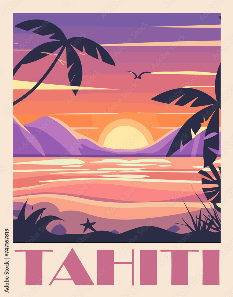 Tahiti Travel Destination Poster in retro style. French Polynesia Seascape vintage colorful print. Exotic summer vacation, tropical holidays concept. Vector art illustration.