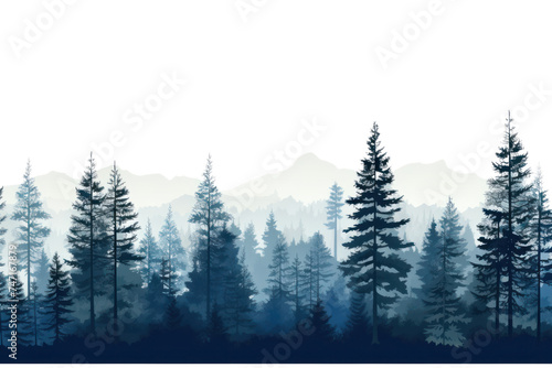Blue silhouette of spruce and fir trees isolated on transparent and white background.PNG image.