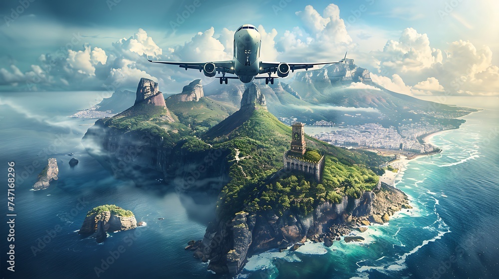 Naklejka premium Travel concept with an airplane over a continent. Generative Ai