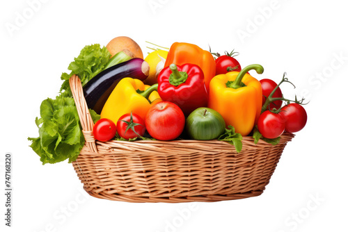 Fresh organic fruits and vegetables in basket isolated on transparent and white background.PNG image. 