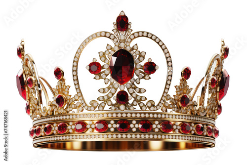 Gold crown with red jewels isolated on transparent and white background.PNG image. 