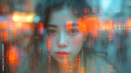 beautiful Asian woman seen through the glass close up