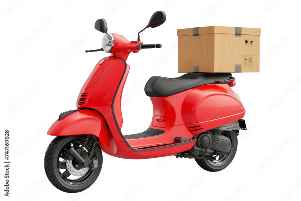 Red scooter with box isolated on transparent white background.