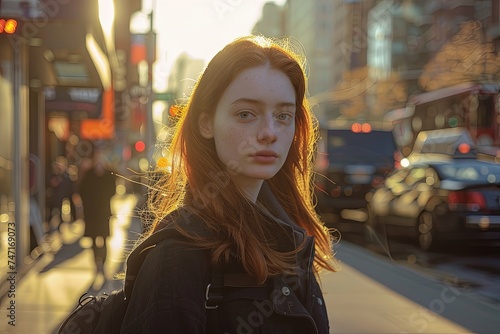 Portrait of young happy caucasian woman with red hairs and green eyes walking in the New York city. Cheerful student walking on the streets, goden hour time. © Irina Schmidt
