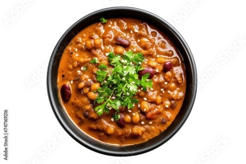 Rajma Masala Curry in black bowl isolated on transparent background. Vegetarian food, Indian food, top view
