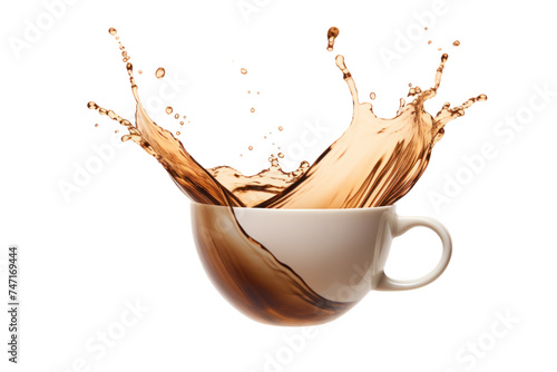 Liquid coffee wave splashing with white cup isolated on transparent and white background.PNG image. 