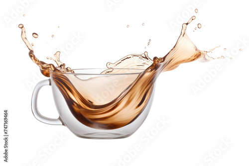 Liquid coffee wave splashing with white cup isolated on transparent and white background.PNG image.	 photo