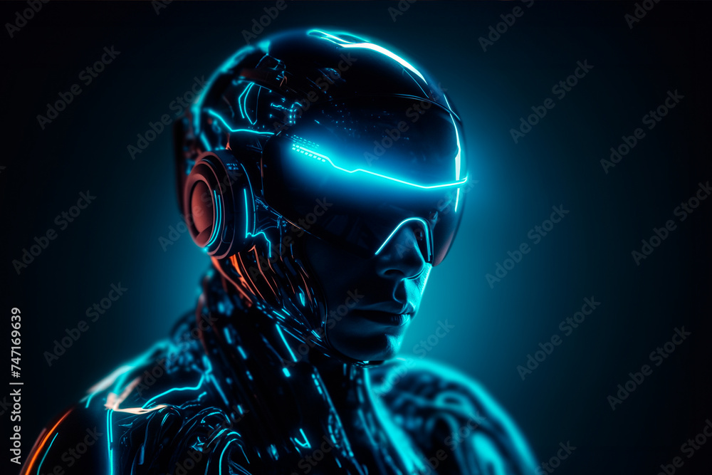 Portrait of a cyber male robot in a glossy metallic suit with a helmet on his head. generative AI Portrait of a cyber male robot in a glossy metallic suit with a helmet on his head. generative AI