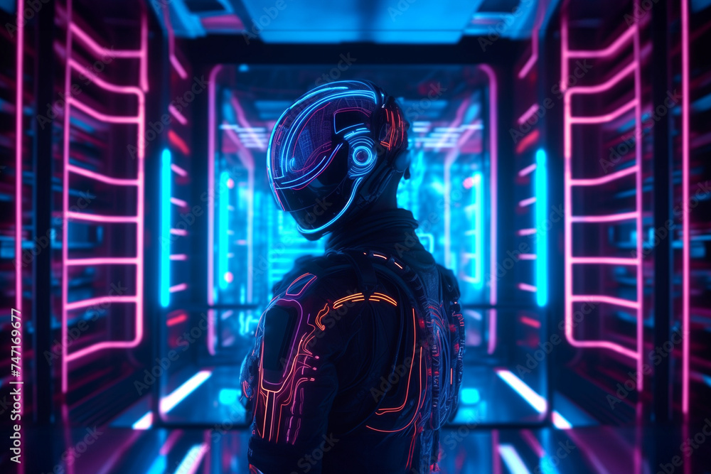 Portrait of a cyber male robot in a glossy metallic suit with a helmet on his head. generative AI Portrait of a cyber male robot in a glossy metallic suit with a helmet on his head. generative AI