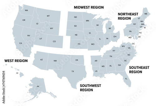 United States, geographic regions, gray political map. Five regions, according to their geographic position on the continent. Common but unofficial way of referring to regions of the United States. photo