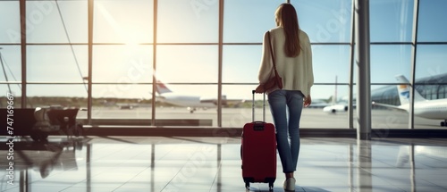 Young woman with luggage at the airport. Travel and business concept. Travel and tourism concept with copy space. Travel concept with copy space. Travelling. 