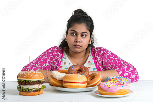 Overweight Indian woman sitting with plate full of junk food Fat Indian woman isolated on transparent background.