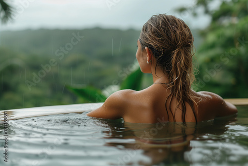 young woman in swimming pool in tropics