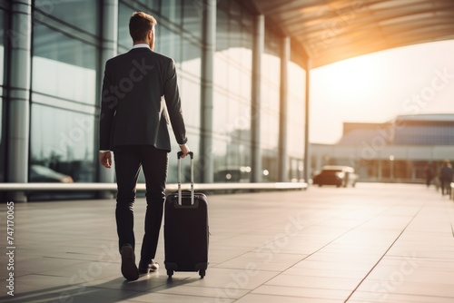 Rear view of young businessman walking with a suitcase at the airport. Travel and business concept . Travel concept. Travelling. © John Martin