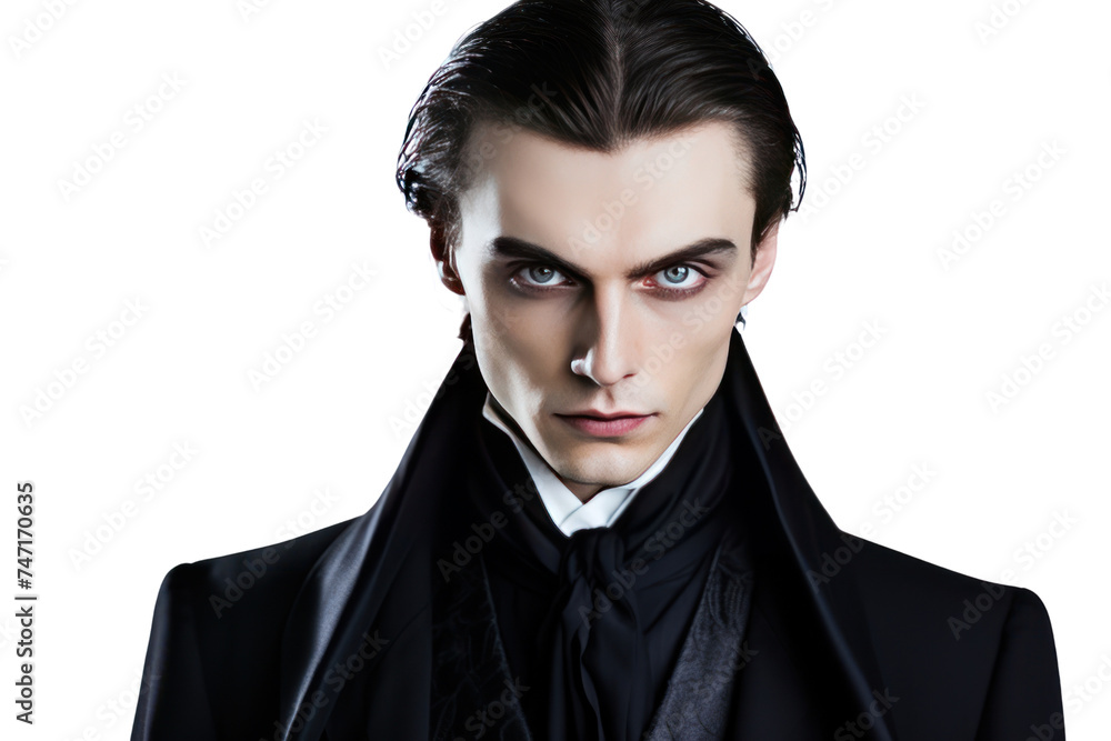 portrait of young man disguised as dracula isolated on transparent and white background.PNG image. portrait of young man disguised as dracula isolated on transparent and white background.PNG image.