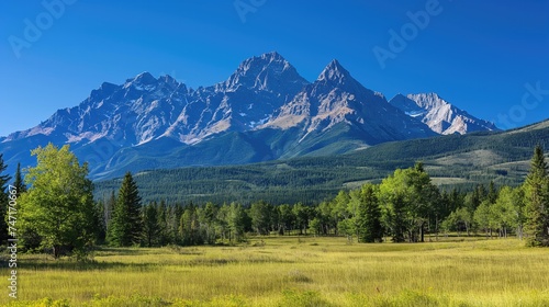 Majestic Mountain Range Rising Above Forest Meadow