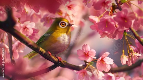 The Japanese White-eye, a symbol of spring, rests amidst a cluster of cherry blossoms, its presence bringing a sense of renewal and vitality to the serene scene