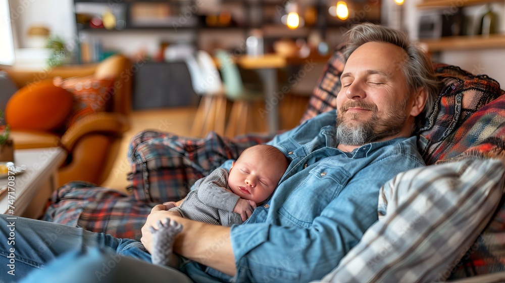 Father bonding with newborn baby at home, blurred background with copy space for text placement Father bonding with newborn baby at home, blurred background with copy space for text placement
