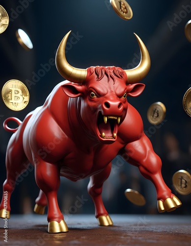 The image captures a snarling red bull in mid-charge  its fierce demeanor enhanced by the glint of Bitcoin coins falling around it. Gold highlights on its horns and hooves suggest a financial victory