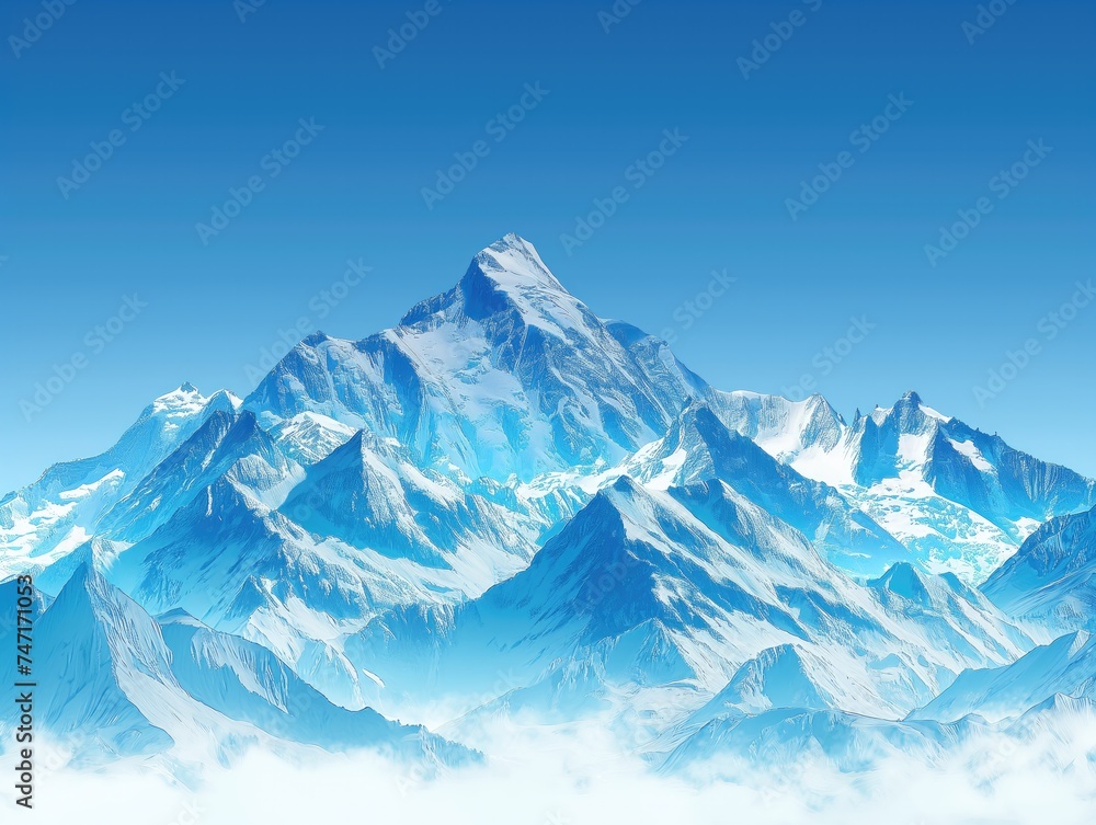 panoramic view of majestic mountain peaks towering against a clear blue sky