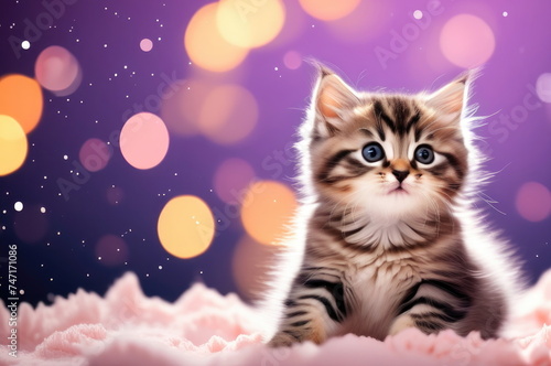 Fluffy Tabby Kitten Sitting on Pink Blanket with Bokeh in Purple Background
