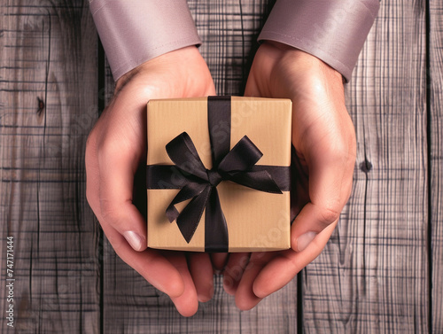 ift Box with Black Ribbon in Elegant Hands photo