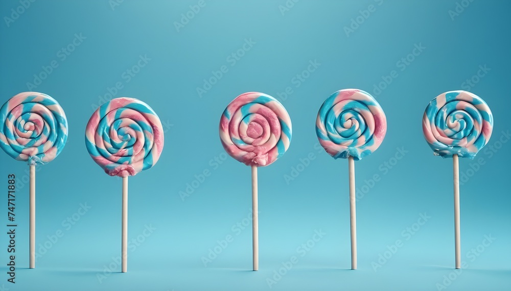 Pink and blue spiral lollipops on pastel blue background Pink and blue spiral lollipops on pastel blue background
