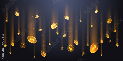 Abstract digital money rain concept. Gold coins fall on a dark background. Golden dollar coins. Jackpot or casino win concept. Polygonal 3D Vector illustration. Cash confetti on technology background.