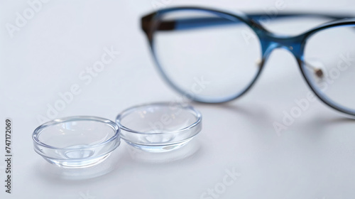 Contact lenses with container and glasses on a w